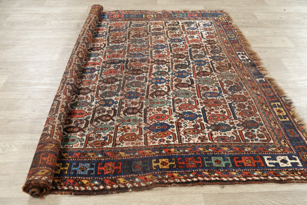 Consigned, Oriental Antique Traditional Handmade Persian Area Rug, Beige, 5x6