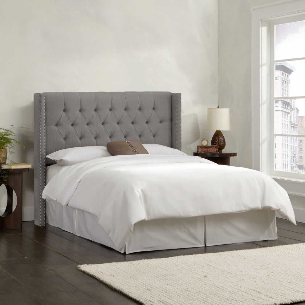 Monarch Twin Diamond Nailbutton Wingback Headboard, Linen Gray