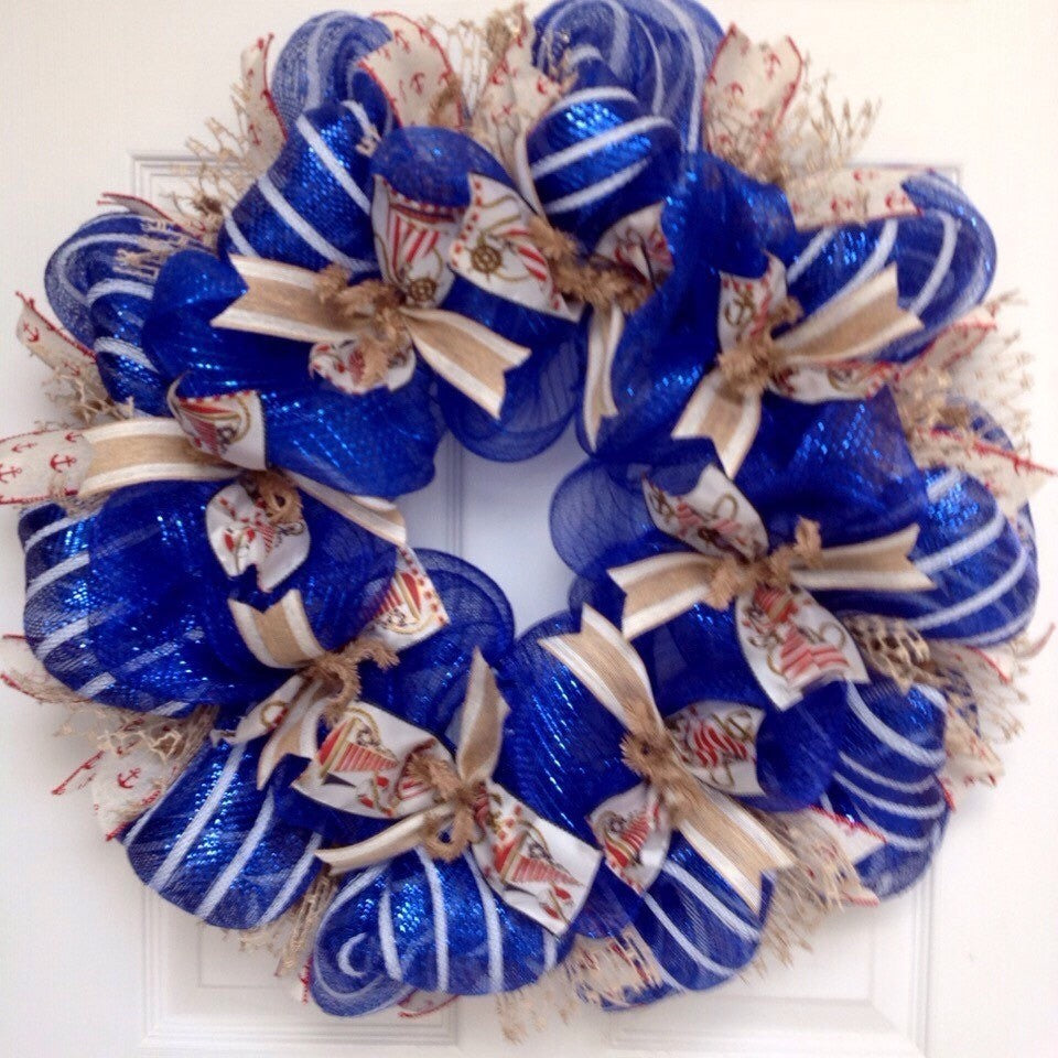 Nautical Ribbon Wreath Handmade Deco Mesh