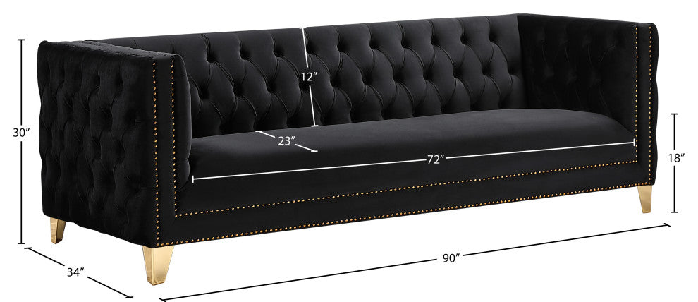 Michelle Fabric Upholstered Chair, Gold Iron Legs, Black, Velvet, Sofa