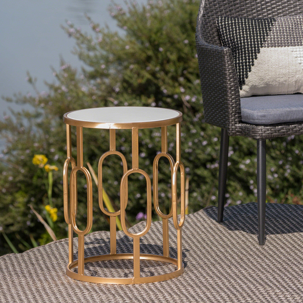GDF Studio Tammy Outdoor 16" White Finish Faux Stone Side Table