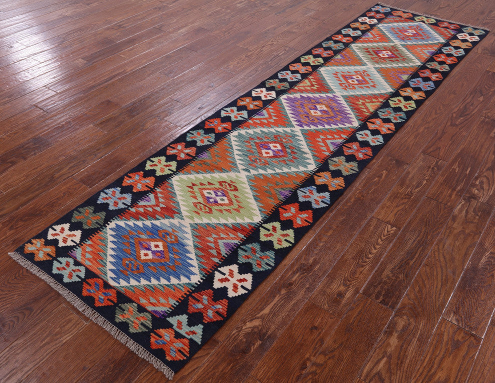 2' 8" X 10' 2" Wool On Wool Reversible Kilim Flat Weave Runner Rug Q9461