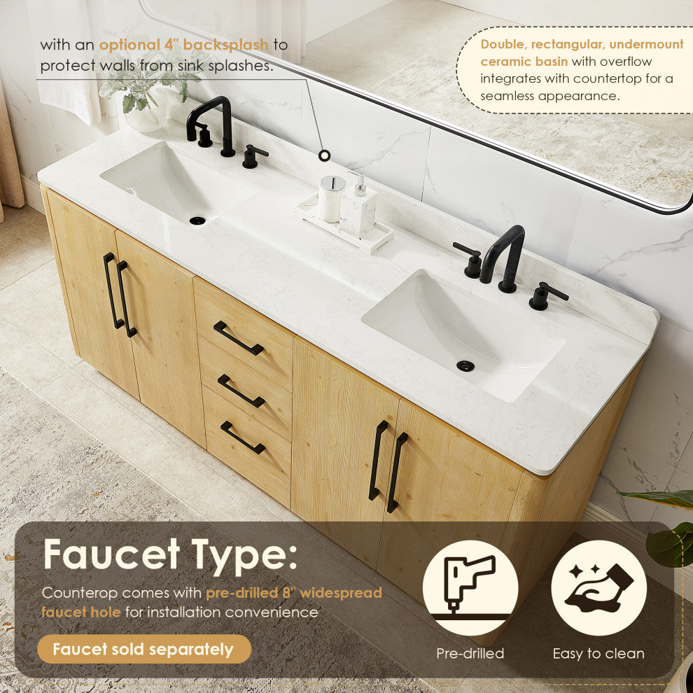 Serene Bathroom Vanity, Nature Brown, 72", No Mirror