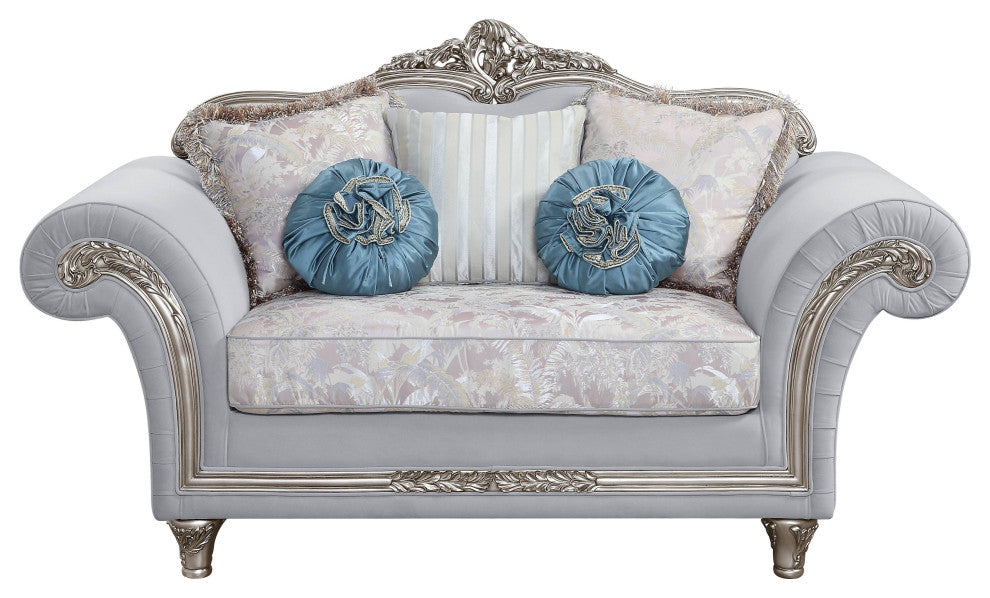 Pelumi Loveseat With5 Pillows, Light Gray Linen and Platinum Finish