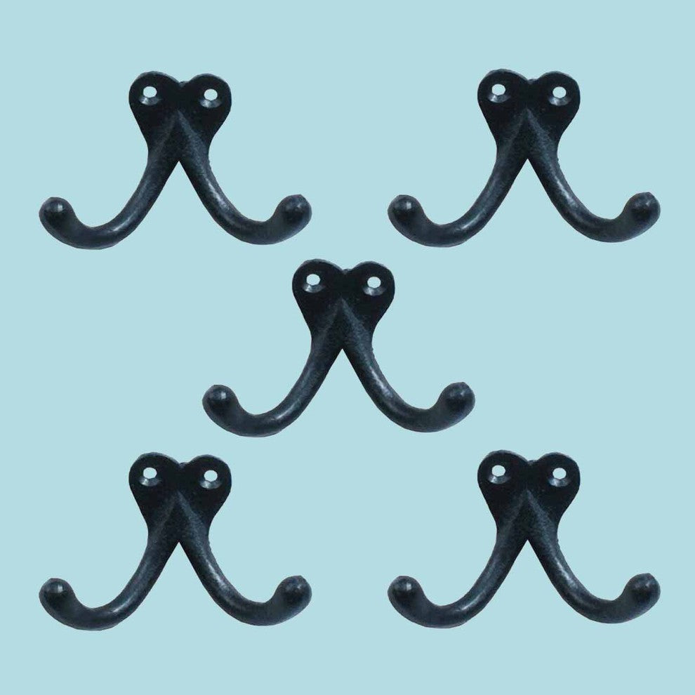 Double Wall Hook Black Wrought Iron Hat and Coat Hook - Set of 5
