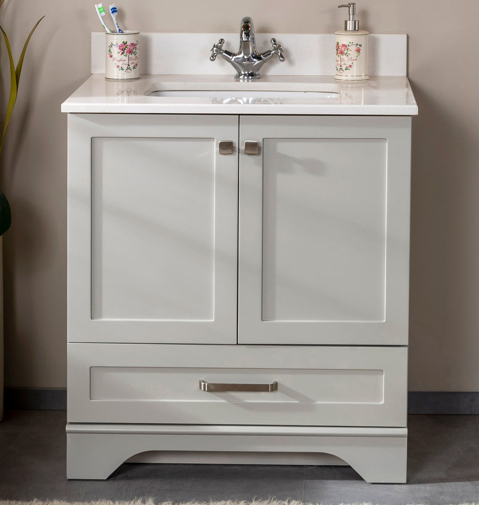 Livia Collection 30" Bath Vanity Quartz Top and Ceramic Sink, Grey, 30"