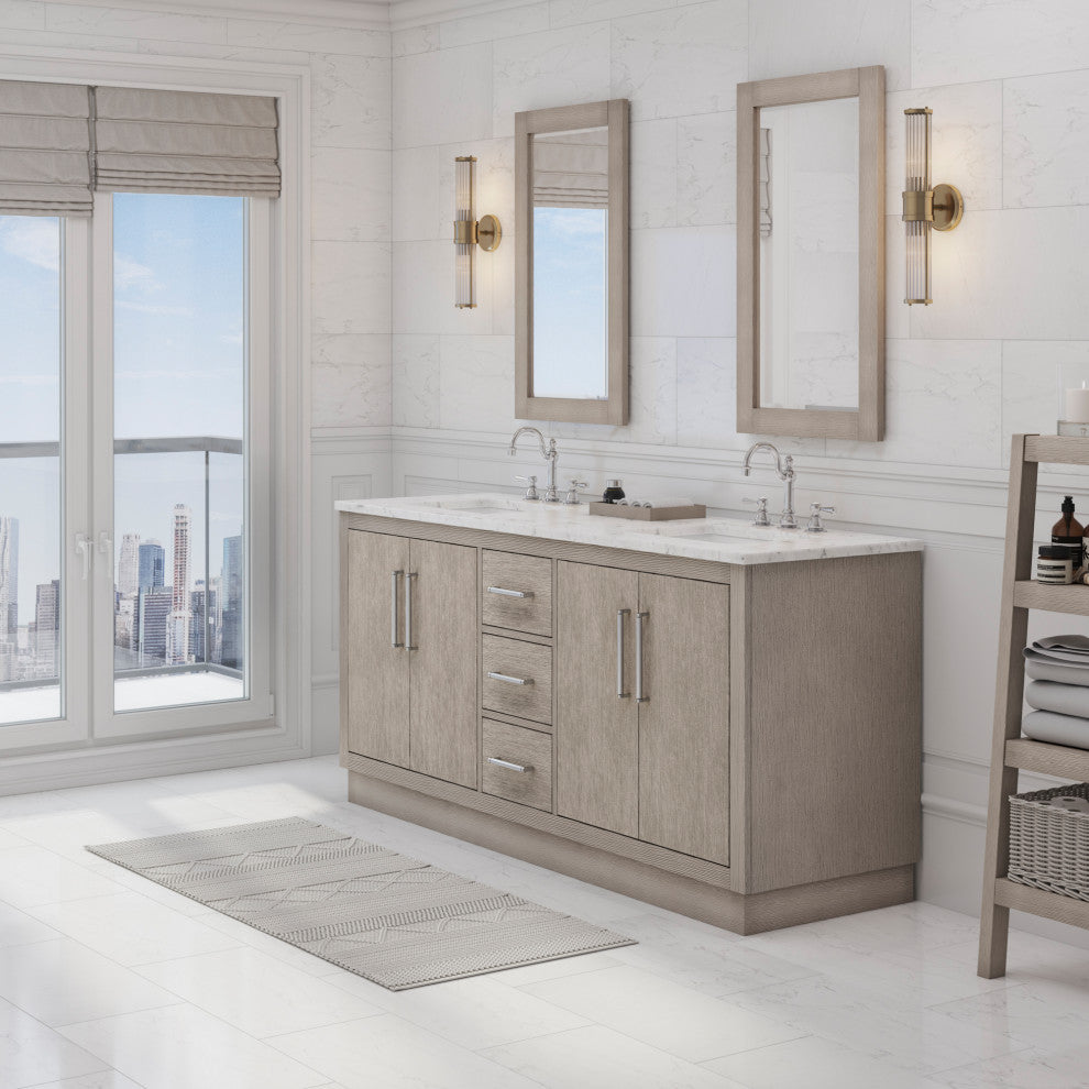 Hugo 72 Double Sink White Marble Countertop Vanity, Gray Oak With Hook Faucets