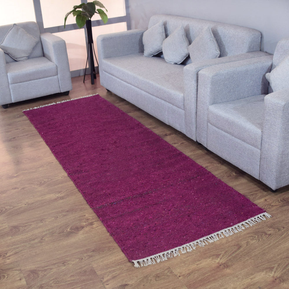 HAND WOVEN FLAT WEAVE KILIM COTTON & POLYESTER AREA RUGS -Rectangle,Pink,Solid, [Runner] 2'6''x10'