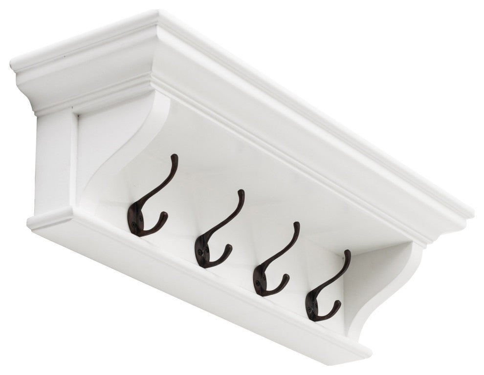 Classic White Wood Wide Four Hook Hanging Coat Rack