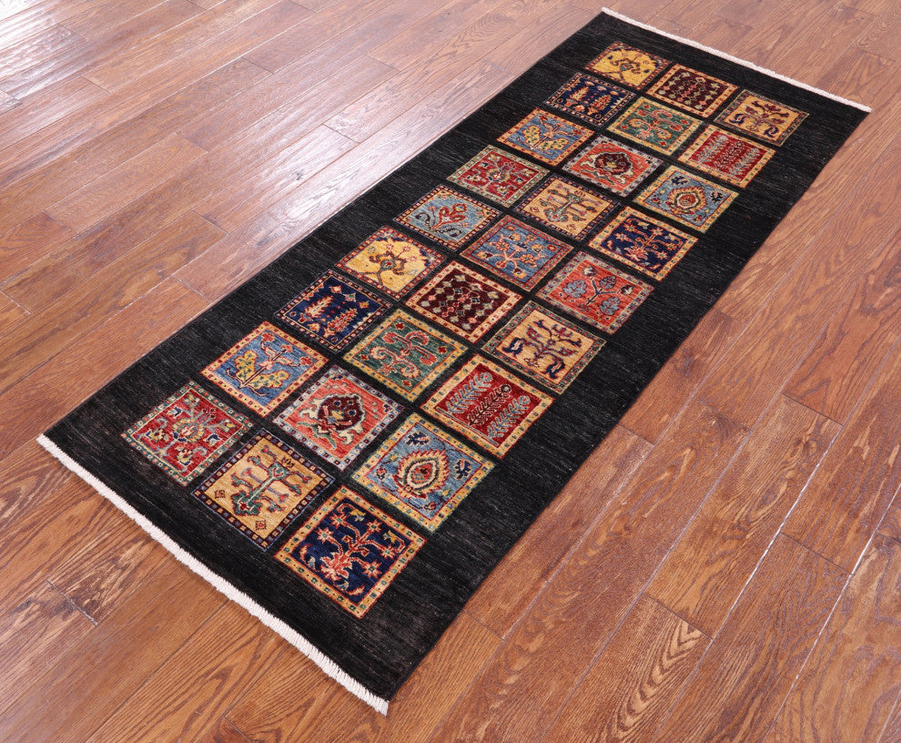 Handmade Persian Garden Design Black Wool Runner Rug 2' 7" X 6' 4 Q10683
