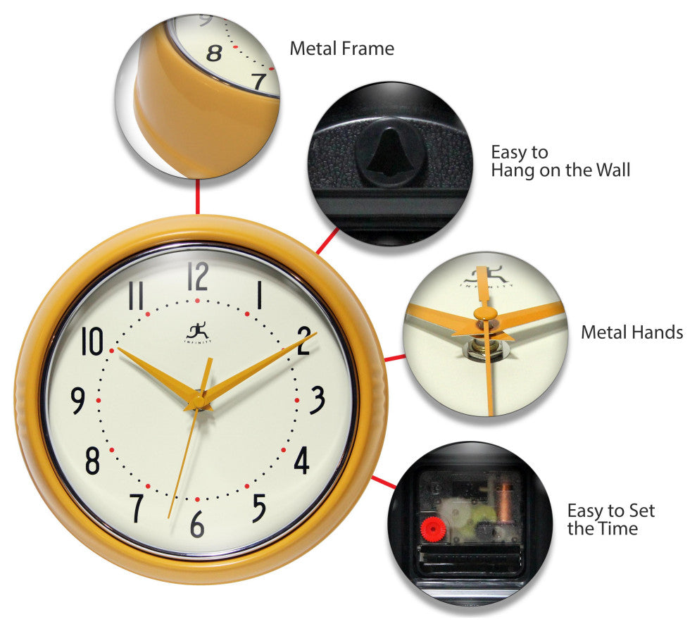Infinity Instruments Retro Kitchen Vintage 50s Wall Clock, Saffron