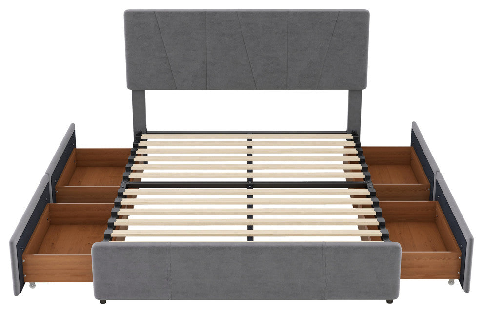 Gewnee Full Size Upholstery Platform Bed with Four Drawers on Two Sides in Grey