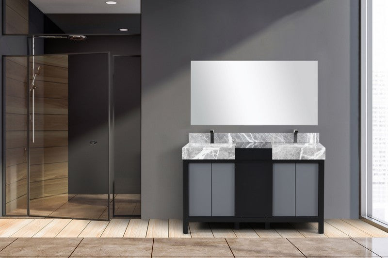 Zilara 55" Black and Grey Double Vanity Set, Balzani Gun Metal Faucet Sets