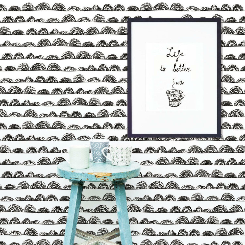 Black Doodle Scallop Peel & Stick Wallpaper