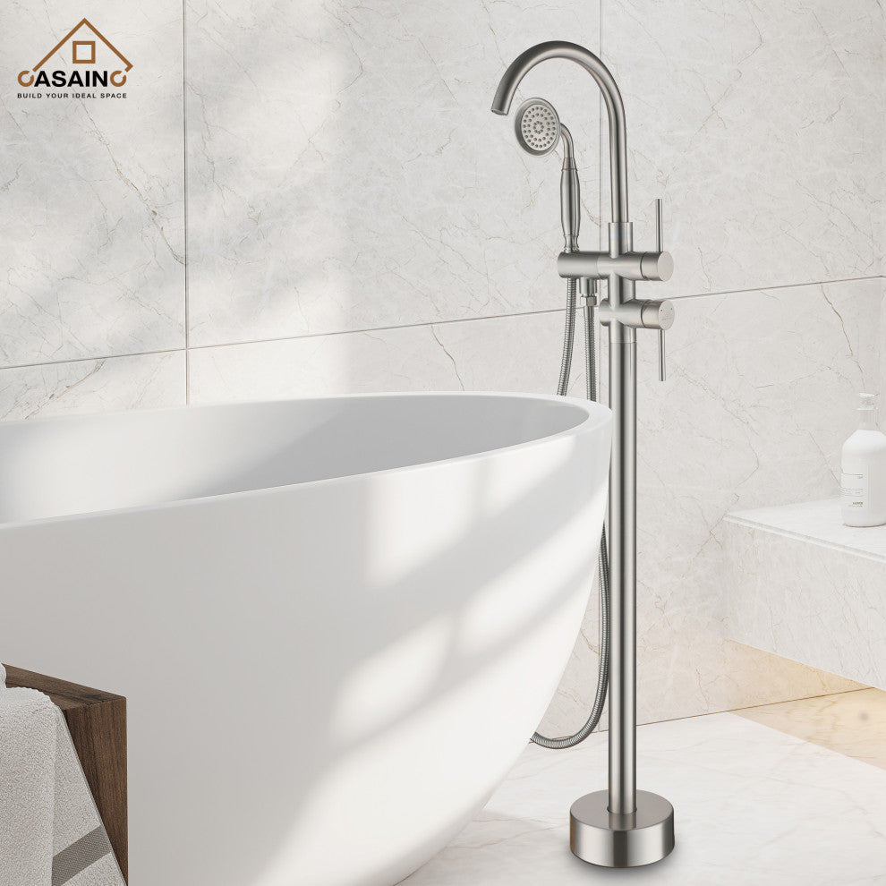 6 GPM Freestanding Bathtub Faucet with Hand Held Shower and Double Handle, Brushed Nickel