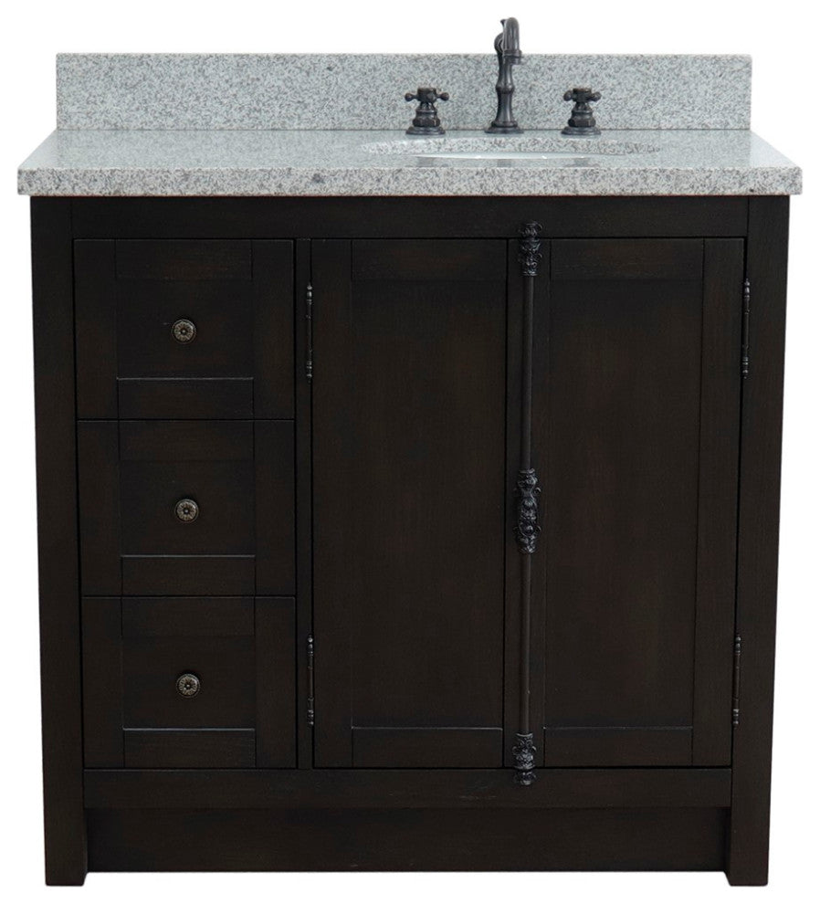 37" Single Vanity, Brown Ash With Gray Granite Top, Right Doors/Right Oval Sink