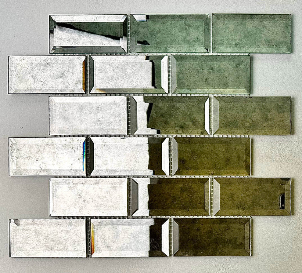 Reflections Antique Silver 12"x 12" Beveled Glass Mirror Brick Mosaic Tile, Set of 14