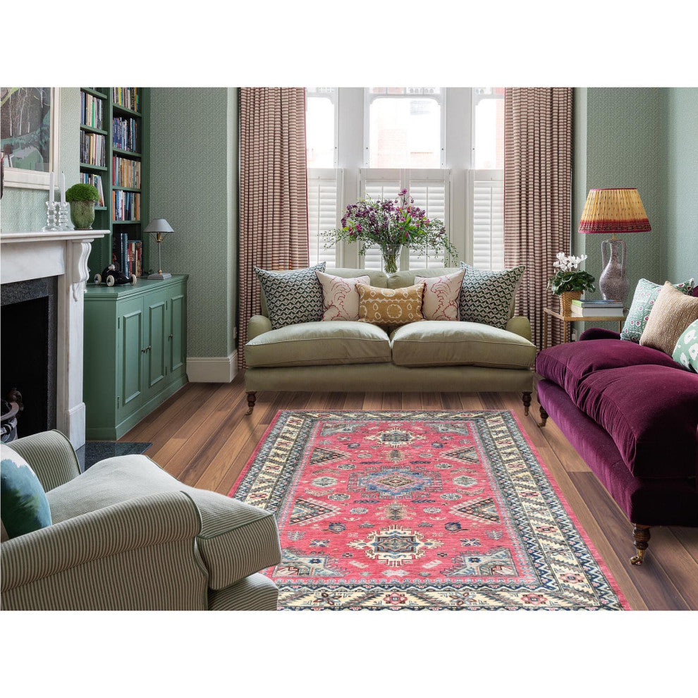 Taffy Pink, Natural Wool Hand Knotted, Afghan Super Kazak Rug, 6'0"x8'9"
