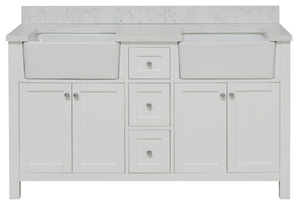 Yorkshire 60" Bathroom Vanity, White, Engineered Marble, Double