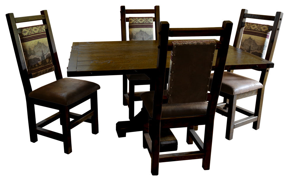 Barnwood Style Timber Peg Pedestal Dining Set, Driftwood, 36" X 60", Bear Run and Palomino Tobacco