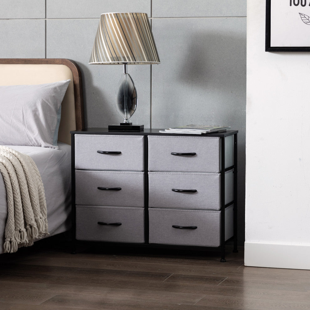 6 Fabric Drawers Steel Frame Double Dresser, Grey