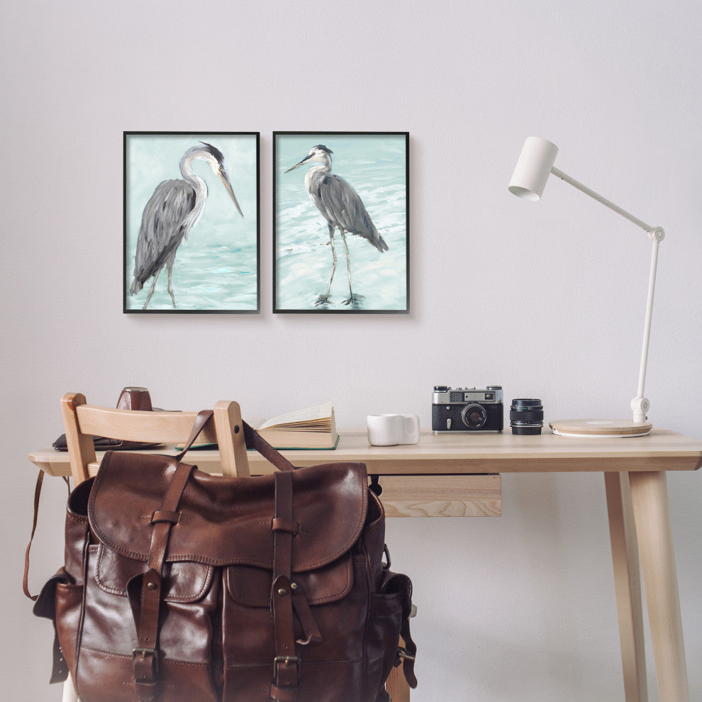 Heron Birds Standing Shallow Beach Water Coastal Waves,11 x 14