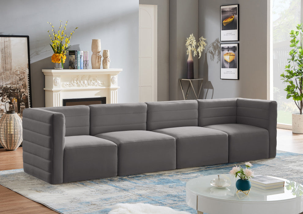 Quincy Velvet Upholstered 4-Piece Modular Sofa, Grey
