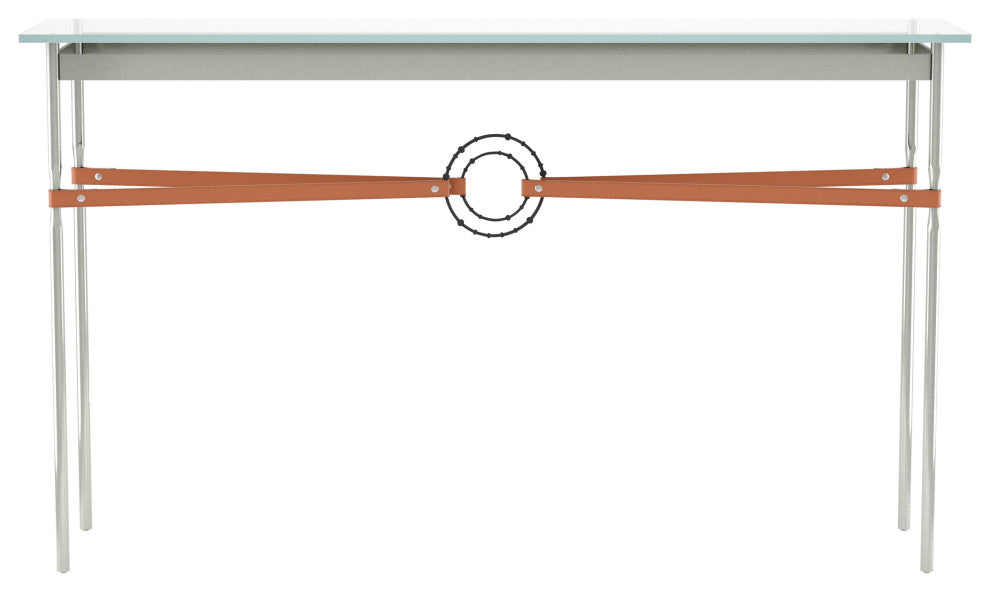 Equus Console Table, Sterling Finish - Black Accents - Chestnut Leather Strap