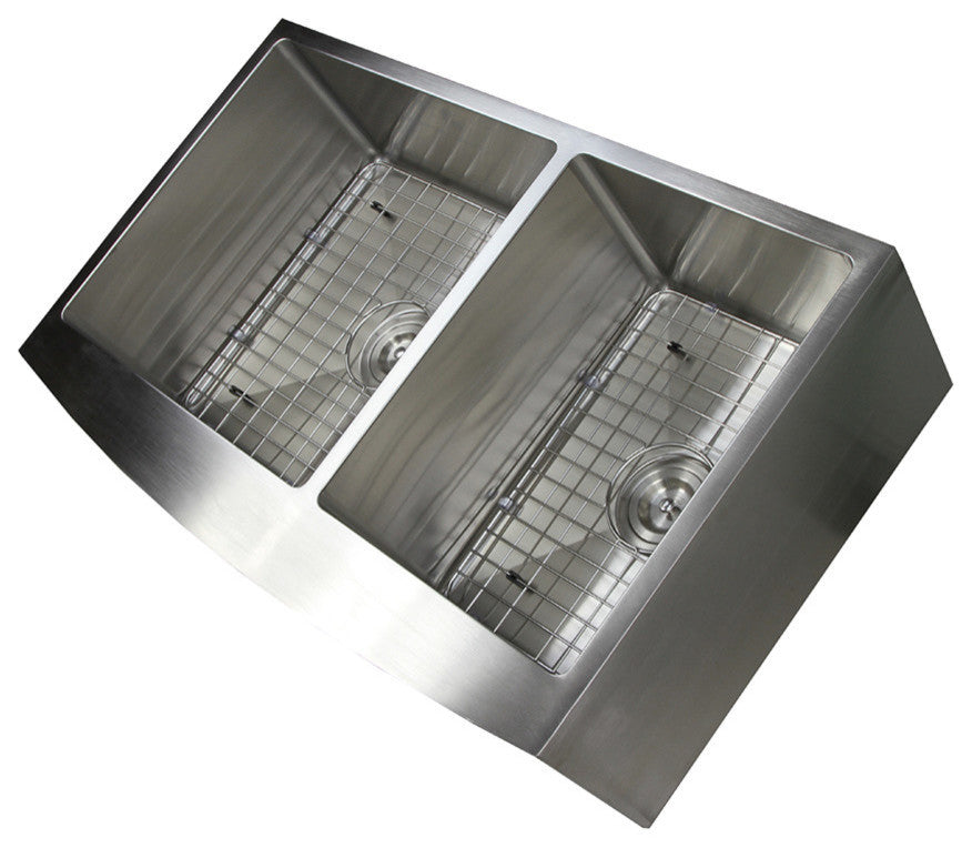 36" Curved Front Apron Stainless Steel Double Bowl Kitchen Sink Package