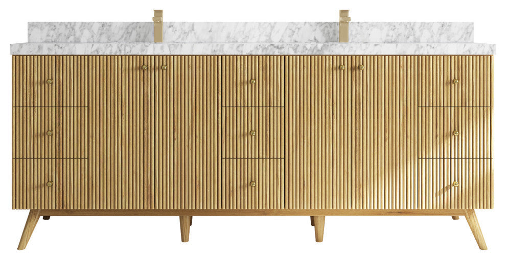 Pasadena 84 Double Sink Bath Vanity in Light Natural Teak 2" Carrara Marble