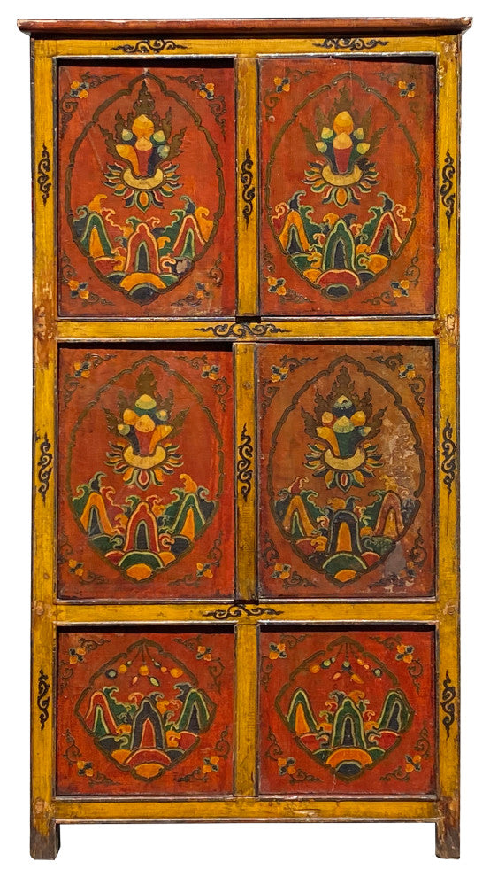 Vintage Chinese Tibetan Jewel Flower Graphic Tall Storage Cabinet Hcs7354