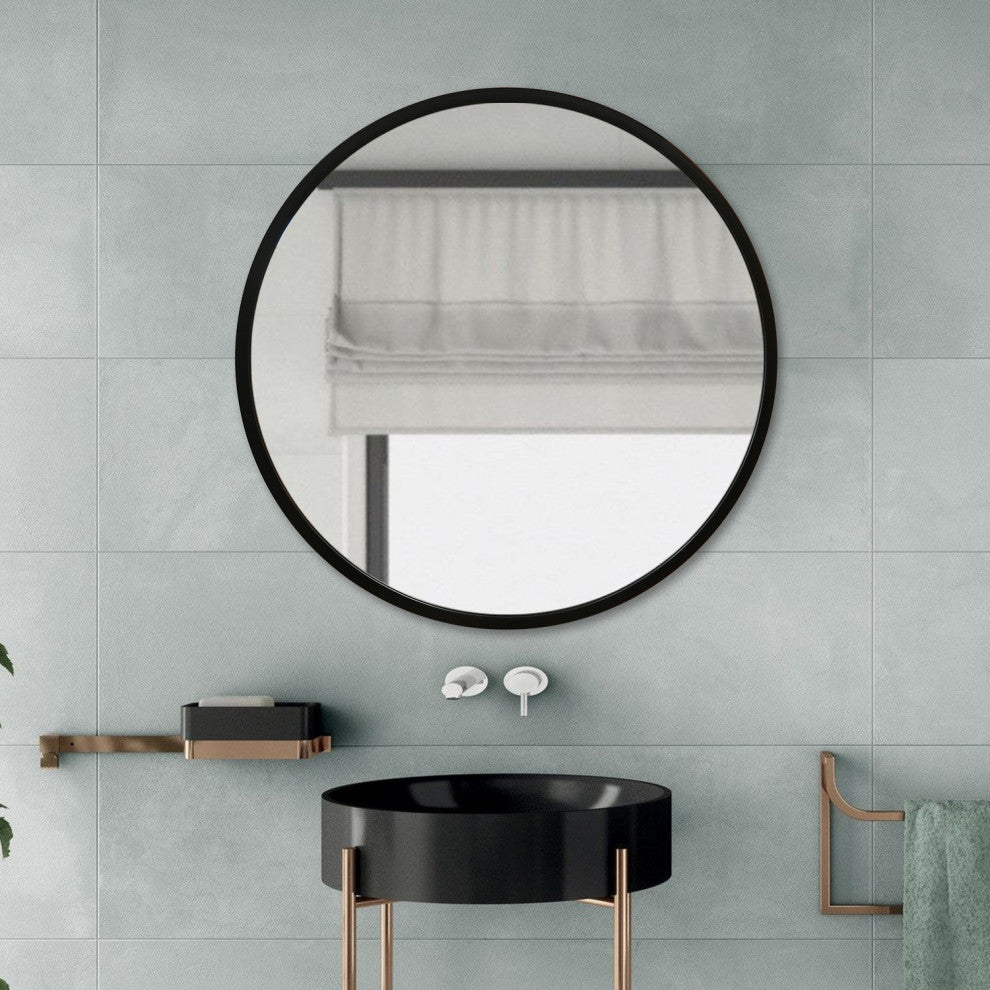 Round Black Metal Framed Wall Mirror, 27.6" X 27.6" Dia.