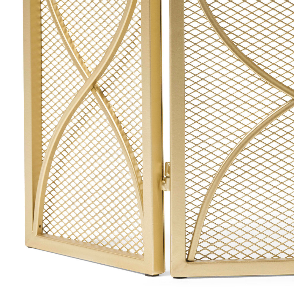 Laylah Modern Three Panel Iron Firescreen, Gold Finish
