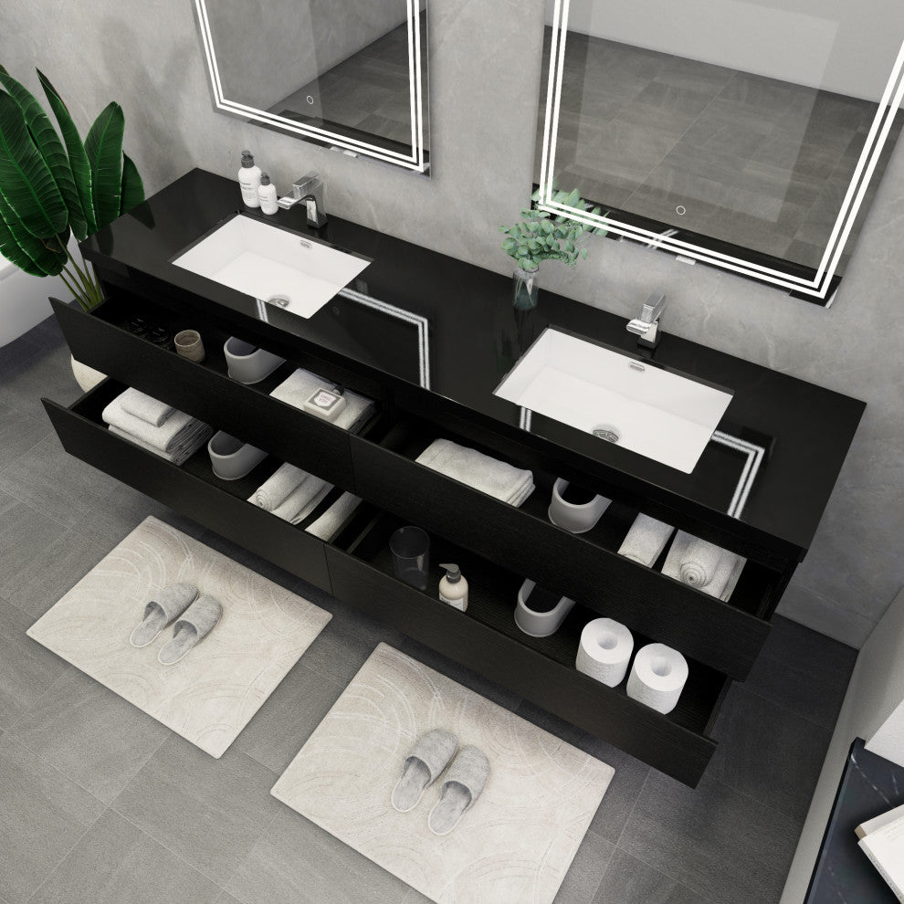 Belli 84" Double Sink Wall Mount Vanity Set, Rich Black Oak, Black Top