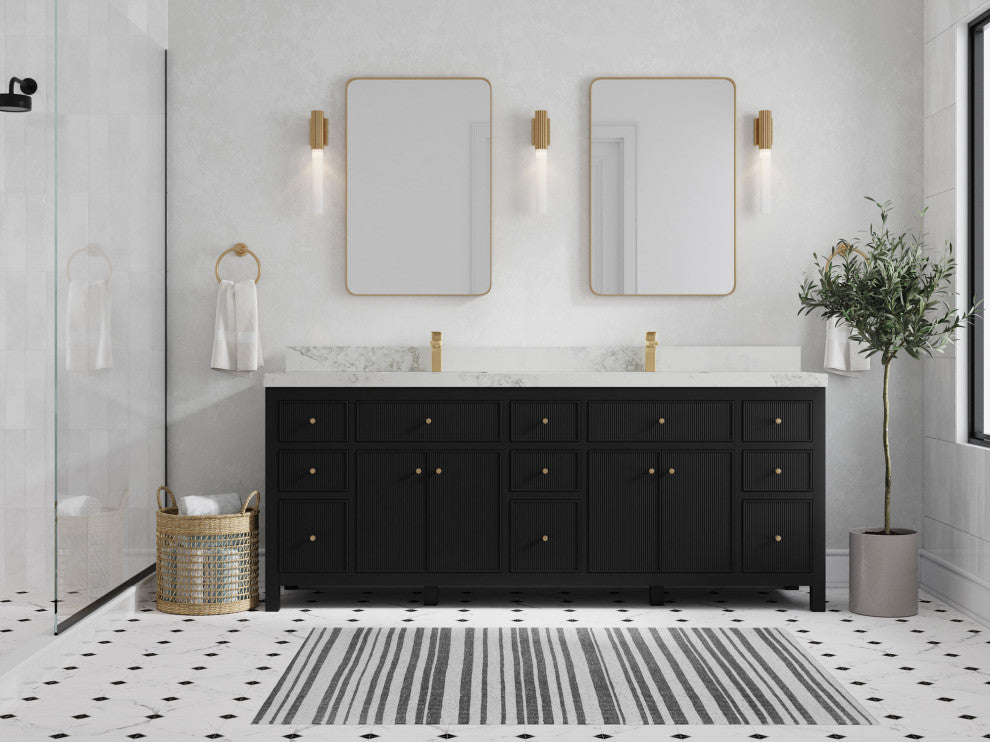 Sonoma 84 Double Sink Reeded Bath Vanity in Black 2" Calacatta Nuvo