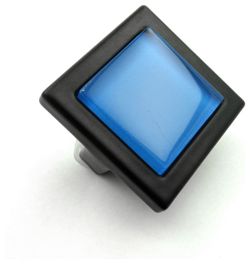 Sea Blue Crystal Glass Black Metal Square Manor Knob
