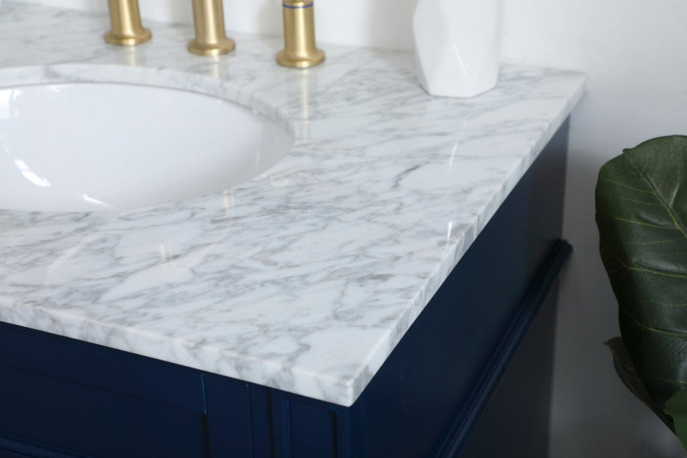 Home Living Vanity with Carrara White Marble Countertop, Blue, 30", Single Sink