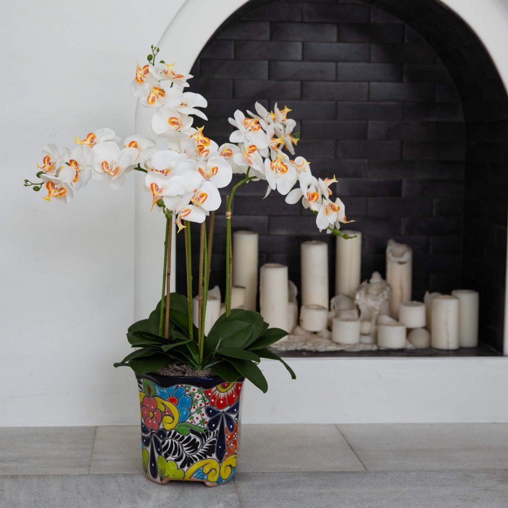 36" Faux Large Orchid Arrangement, Handmade Mexican Talavera Ceramic Planter