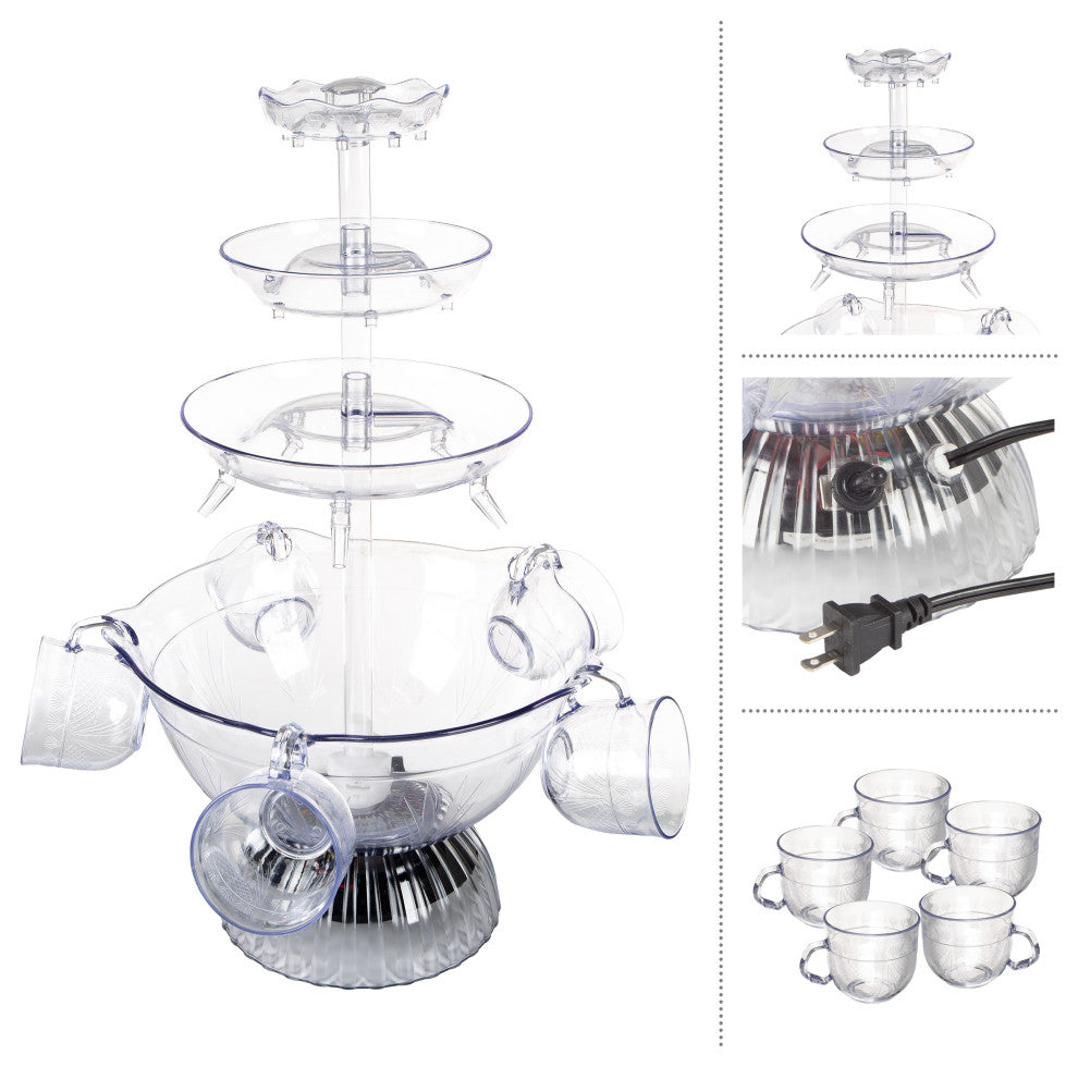 3-Tier Party Drink Dispenser 1.5-Gallon Punch Fountain LED Light Base, 5 Cups