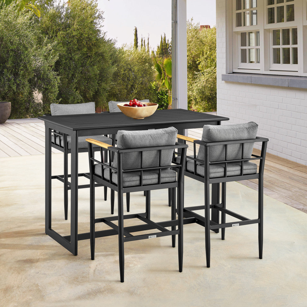 Wiglaf Outdoor Patio 5-Piece Bar Table Set, Aluminum With Gray Cushions