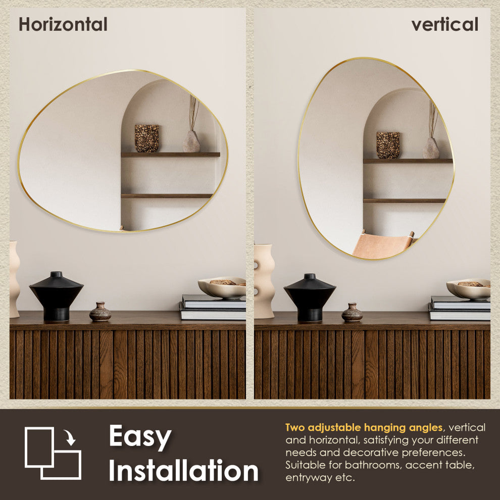 Aura Irregular Framed Bathroom Wall Mirror, Brushed Gold, 27"