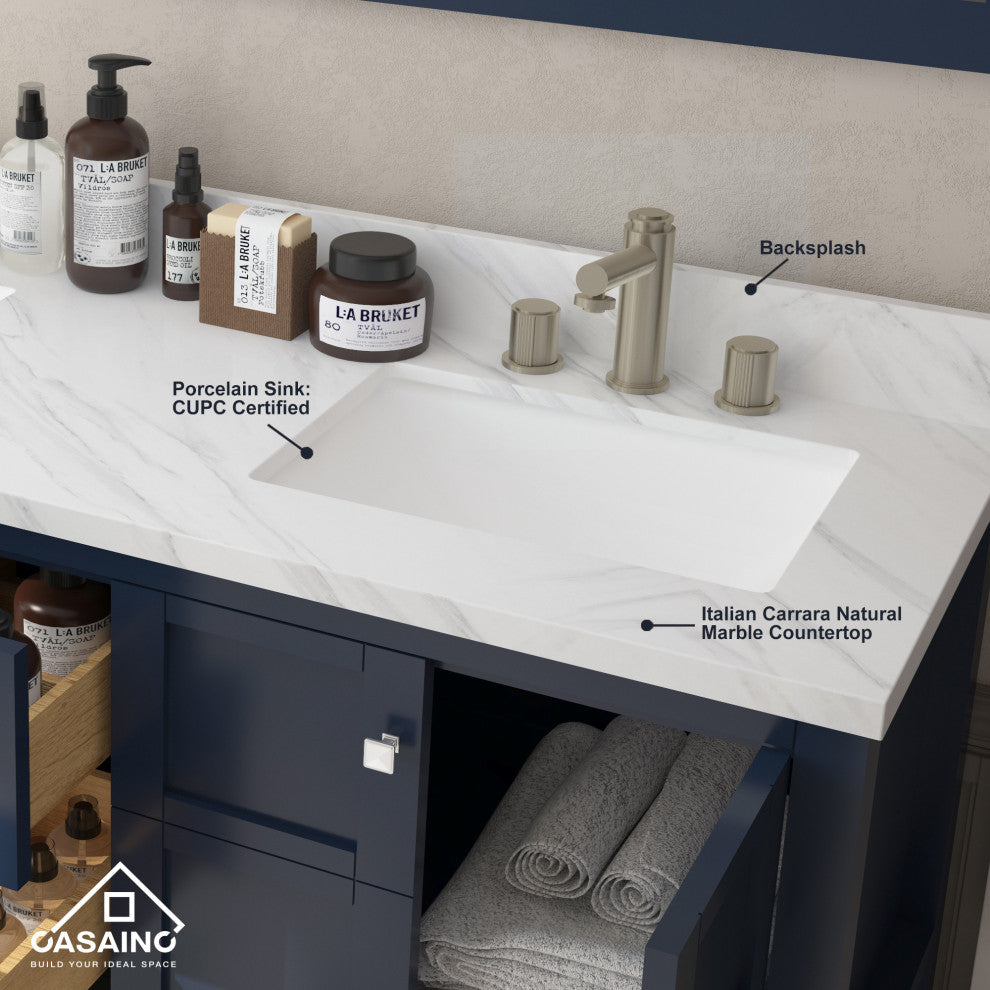 Single Sink Solid Wood Bath Vanity with Natural Marble Top and Mirror, 60in