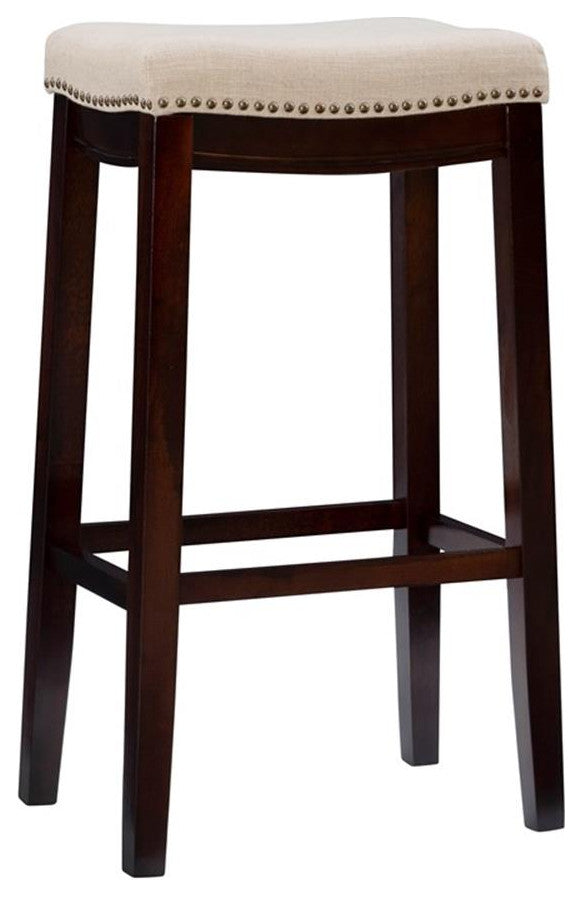Linon Hampton Bar Stool Beige Padded Seat Wood Frame in Dark Walnut Brown