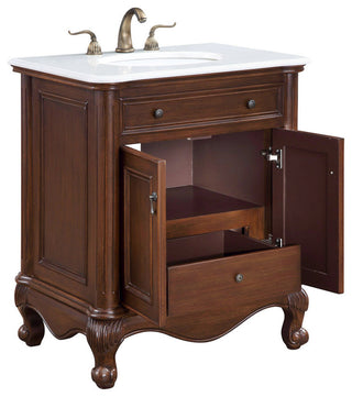 30" Single Bathroom Vanity, Teak Color With Ivory White Quartz