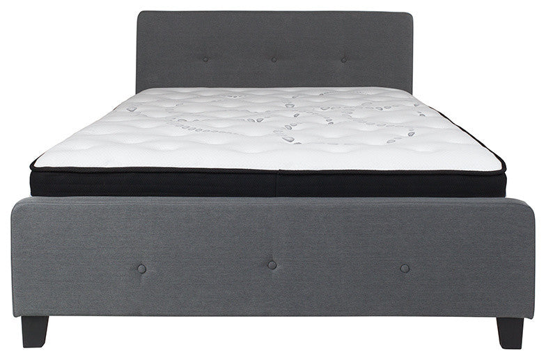 Queen Size Tufted Platform Bed, Dark Gray With Spring Mattress