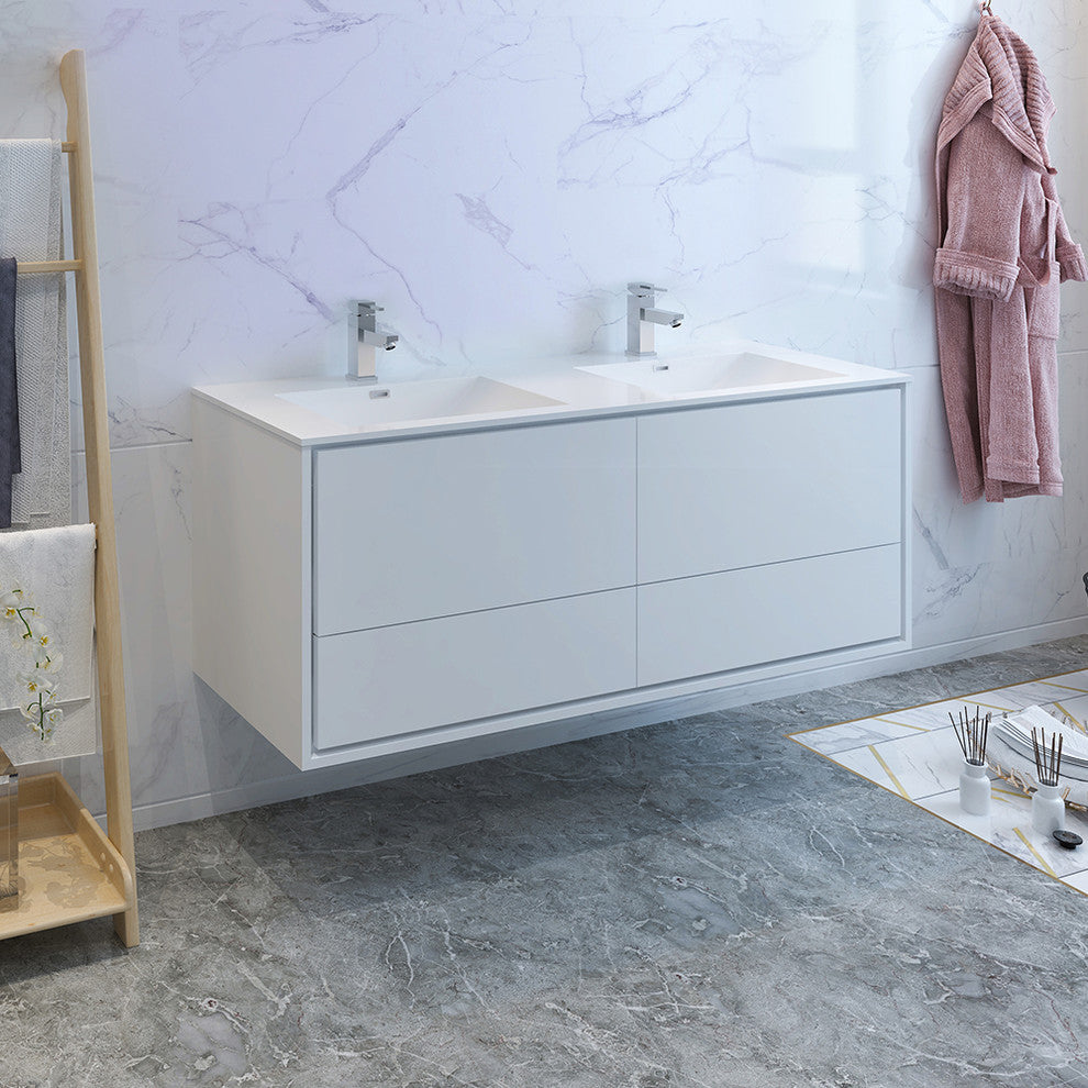 Fresca Catania 60" Gloss White Wall Hung Cabinet With Integrated Double Sink