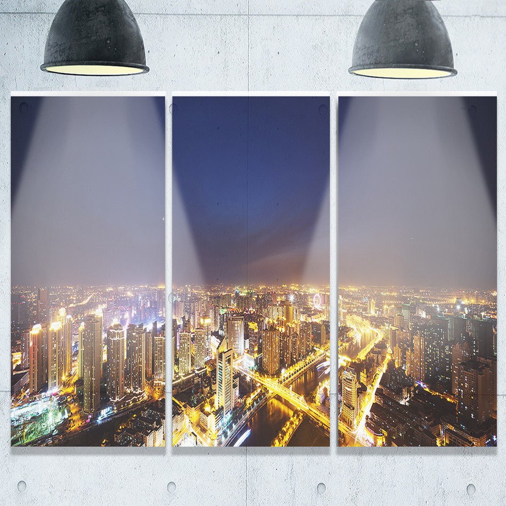 "Downtown Nighttime Panorama" Metal Wall Art, 3 Panels, 36"x28"