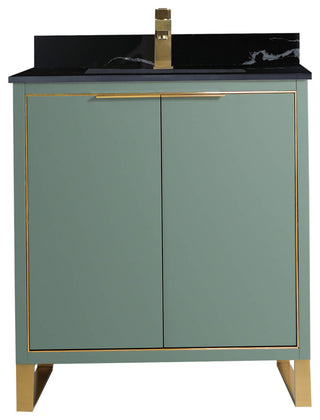 Opulence Bath Vanity, Mint Green, 30", Satin Brass Hardware, Black Marble Top