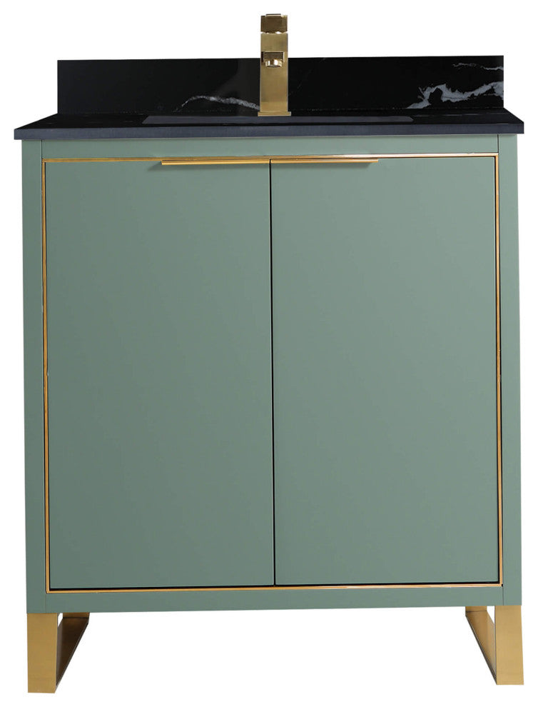 Opulence Bath Vanity, Mint Green, 30", Satin Brass Hardware, Black Marble Top
