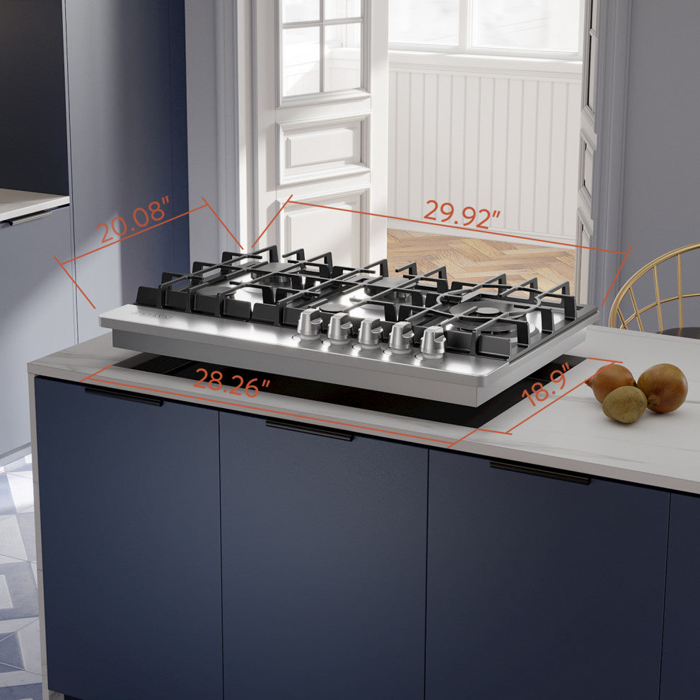 30-in Built-in Gas Cooktop with 5 Sealed Burners - LPG Convertible in Stainless